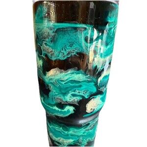 Epoxy Swirl Tumbler 30oz Teal Black Marble Design w/Lid Stainless Steel Preowned